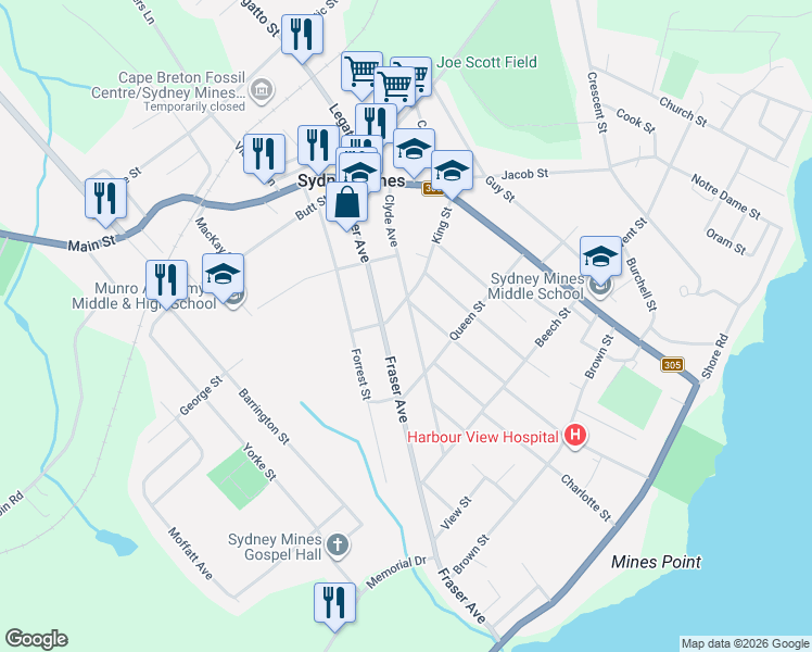 map of restaurants, bars, coffee shops, grocery stores, and more near 114 King Street in Sydney Mines