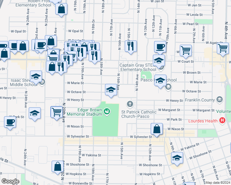 map of restaurants, bars, coffee shops, grocery stores, and more near 1616 West Octave Street in Pasco