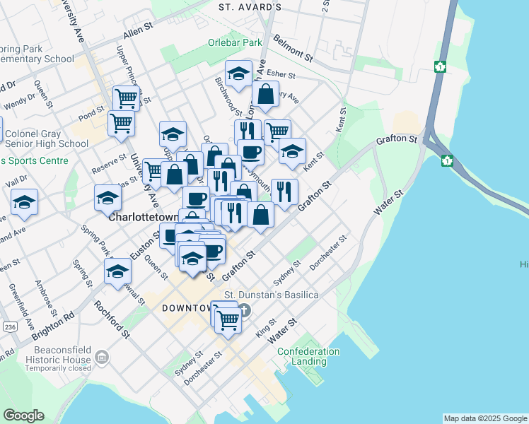 map of restaurants, bars, coffee shops, grocery stores, and more near 244 Kent Street in Charlottetown