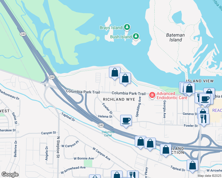 map of restaurants, bars, coffee shops, grocery stores, and more near 1248 Montana Street in Richland