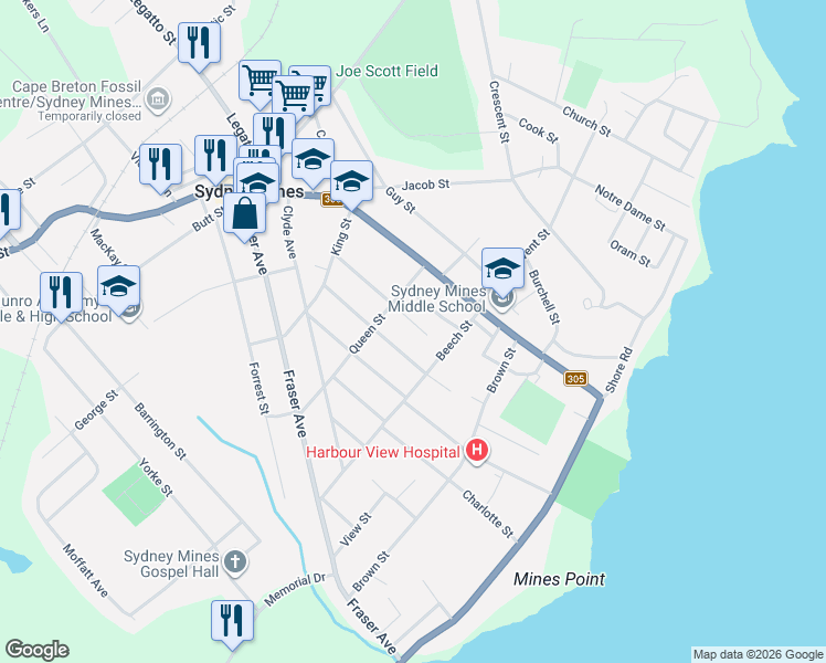 map of restaurants, bars, coffee shops, grocery stores, and more near 26 Windsor Avenue in Sydney Mines