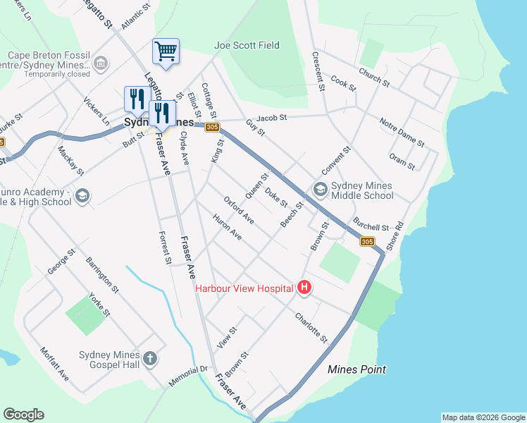 map of restaurants, bars, coffee shops, grocery stores, and more near 26 Windsor Avenue in Sydney Mines