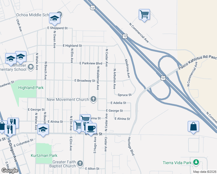 map of restaurants, bars, coffee shops, grocery stores, and more near 427 North Cedar Avenue in Pasco