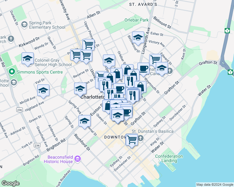 map of restaurants, bars, coffee shops, grocery stores, and more near 249 Prince Street in Charlottetown