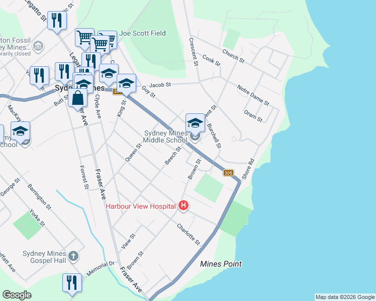 map of restaurants, bars, coffee shops, grocery stores, and more near 587 Main Street in Sydney Mines