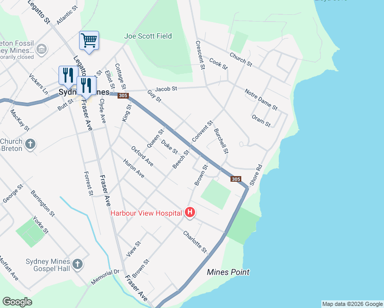 map of restaurants, bars, coffee shops, grocery stores, and more near 595 Main Street in Sydney Mines