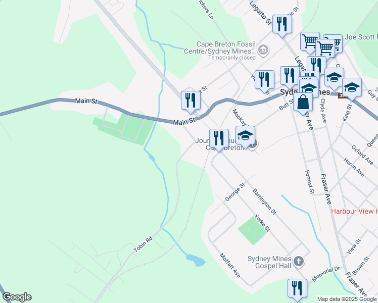 map of restaurants, bars, coffee shops, grocery stores, and more near 234 Tobin Road in Sydney Mines
