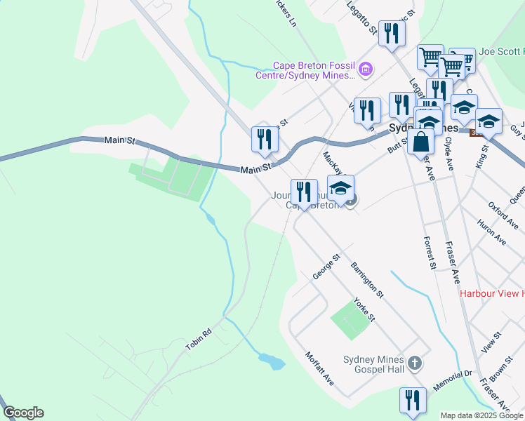 map of restaurants, bars, coffee shops, grocery stores, and more near 234 Tobin Road in Sydney Mines