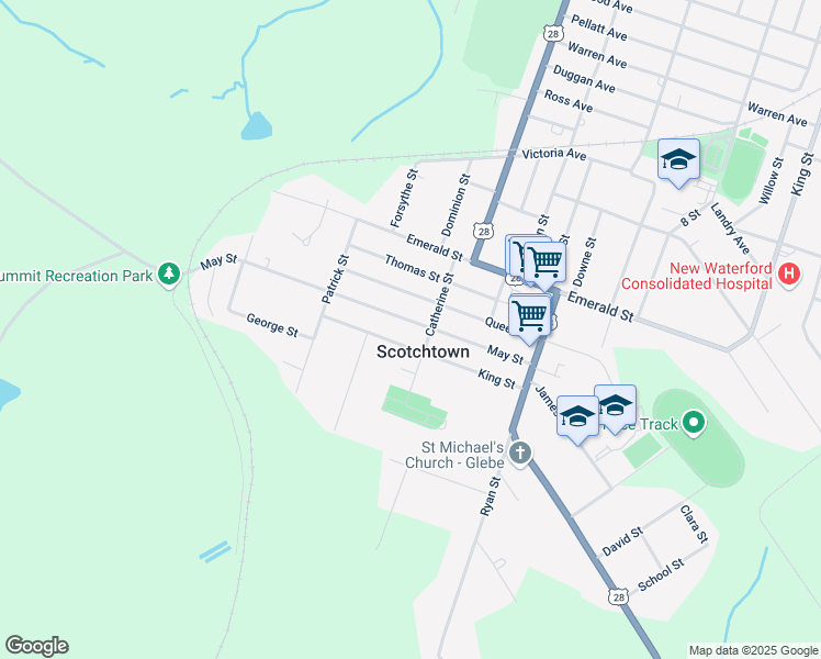 map of restaurants, bars, coffee shops, grocery stores, and more near 61 May Street in Scotchtown