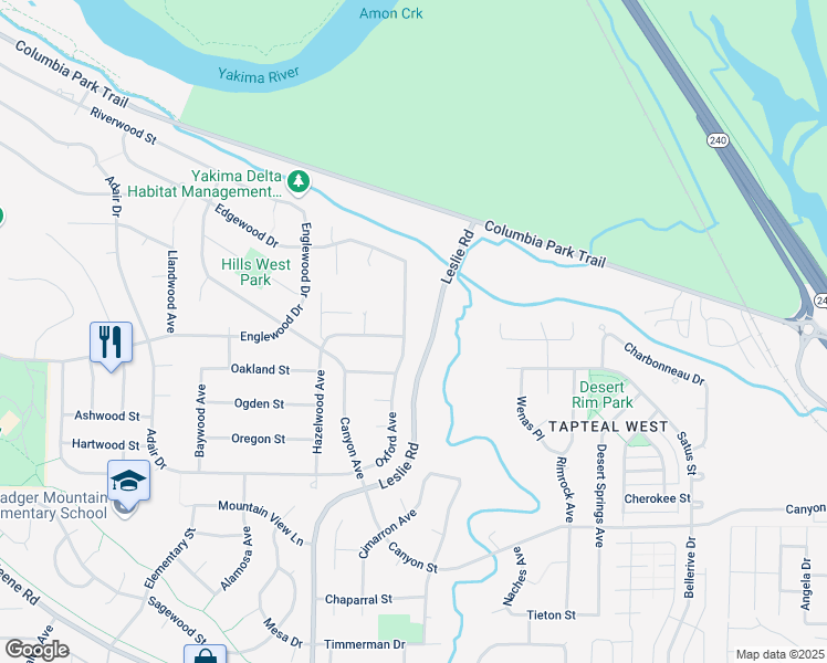 map of restaurants, bars, coffee shops, grocery stores, and more near 1206 Oxford Avenue in Richland