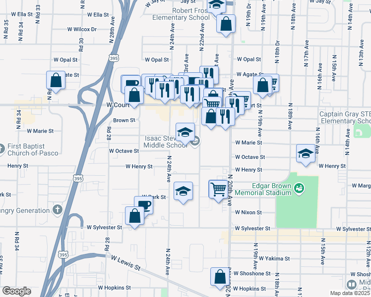 map of restaurants, bars, coffee shops, grocery stores, and more near 1120 North 22nd Avenue in Pasco