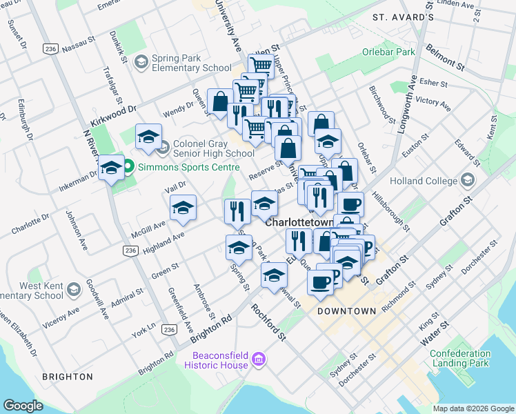 map of restaurants, bars, coffee shops, grocery stores, and more near in Charlottetown