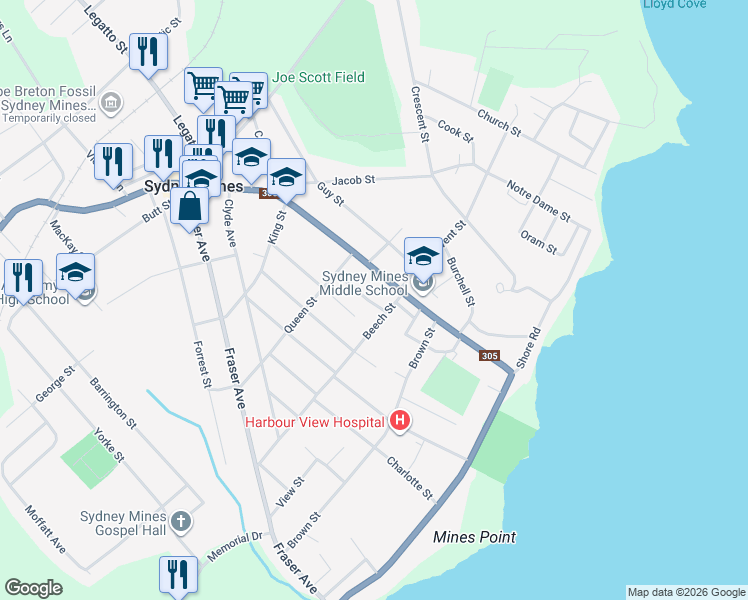 map of restaurants, bars, coffee shops, grocery stores, and more near 11 Duke Street in Sydney Mines