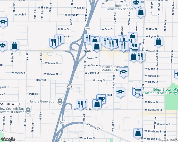 map of restaurants, bars, coffee shops, grocery stores, and more near 2709 West Octave Street in Pasco