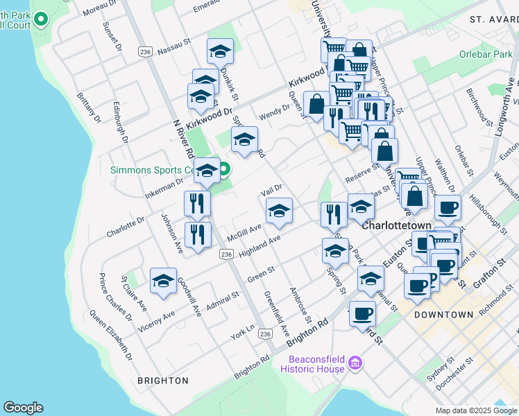 map of restaurants, bars, coffee shops, grocery stores, and more near 15 Pembrooke Terrace in Charlottetown