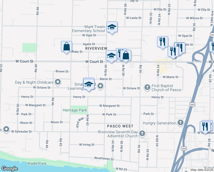 map of restaurants, bars, coffee shops, grocery stores, and more near 1209 North Road 40 in Pasco