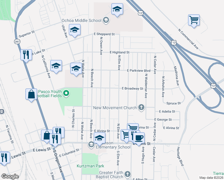 map of restaurants, bars, coffee shops, grocery stores, and more near 439 North Douglas Avenue in Pasco
