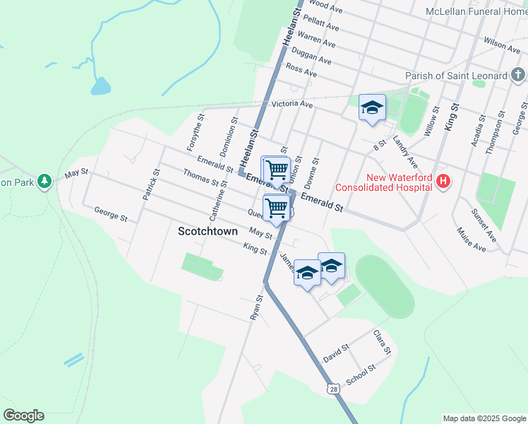 map of restaurants, bars, coffee shops, grocery stores, and more near 46 Queen Street in Scotchtown