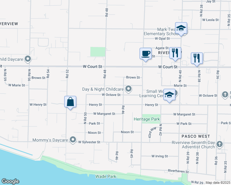 map of restaurants, bars, coffee shops, grocery stores, and more near 4621 West Octave Street in Pasco