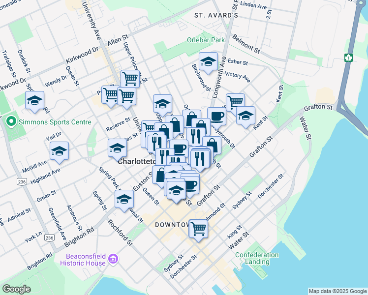 map of restaurants, bars, coffee shops, grocery stores, and more near 188 Euston Street in Charlottetown