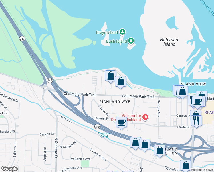 map of restaurants, bars, coffee shops, grocery stores, and more near 1248 Montana Street in Richland