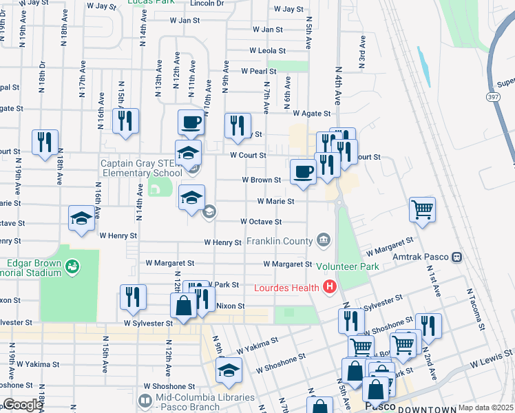 map of restaurants, bars, coffee shops, grocery stores, and more near 820 West Marie Street in Pasco