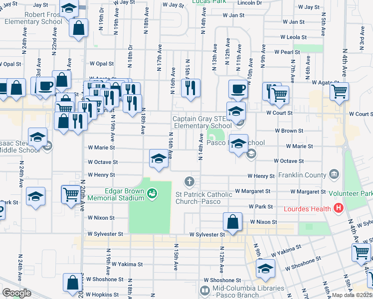 map of restaurants, bars, coffee shops, grocery stores, and more near 1498 W Marie St in Pasco