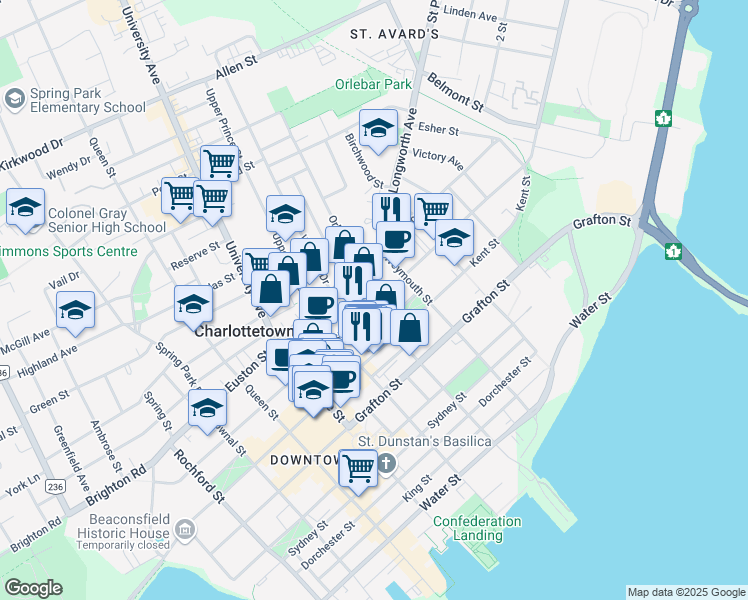 map of restaurants, bars, coffee shops, grocery stores, and more near 191 Fitzroy Street in Charlottetown