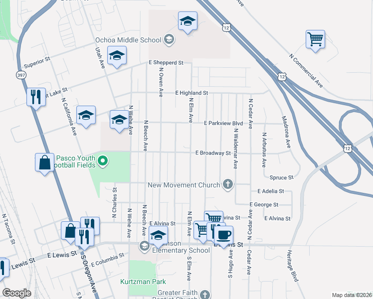 map of restaurants, bars, coffee shops, grocery stores, and more near 439 N Douglas Ave in Pasco