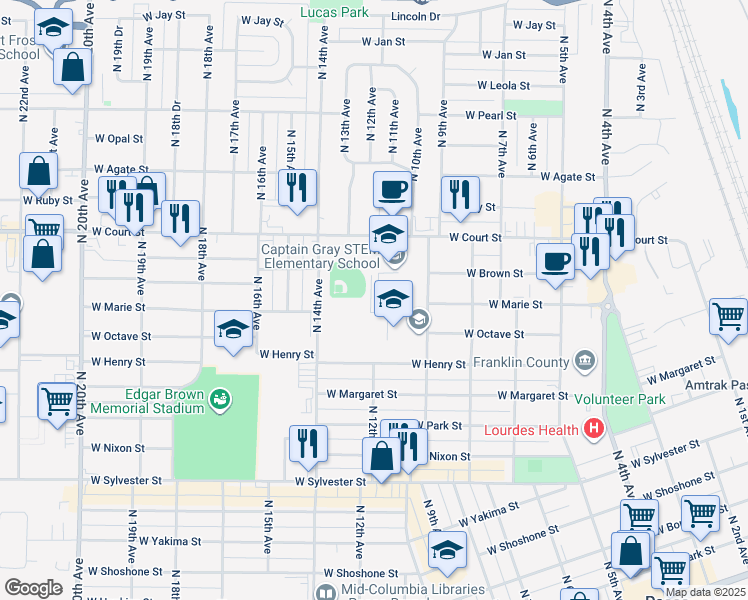 map of restaurants, bars, coffee shops, grocery stores, and more near 1108 North 10th Avenue in Pasco