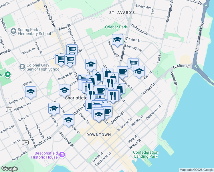map of restaurants, bars, coffee shops, grocery stores, and more near 188 Euston Street in Charlottetown