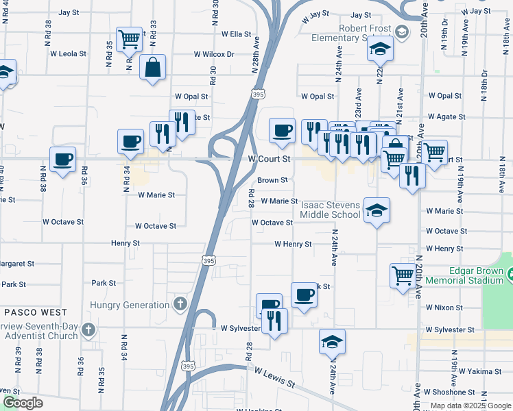 map of restaurants, bars, coffee shops, grocery stores, and more near 2709 West Octave Street in Pasco
