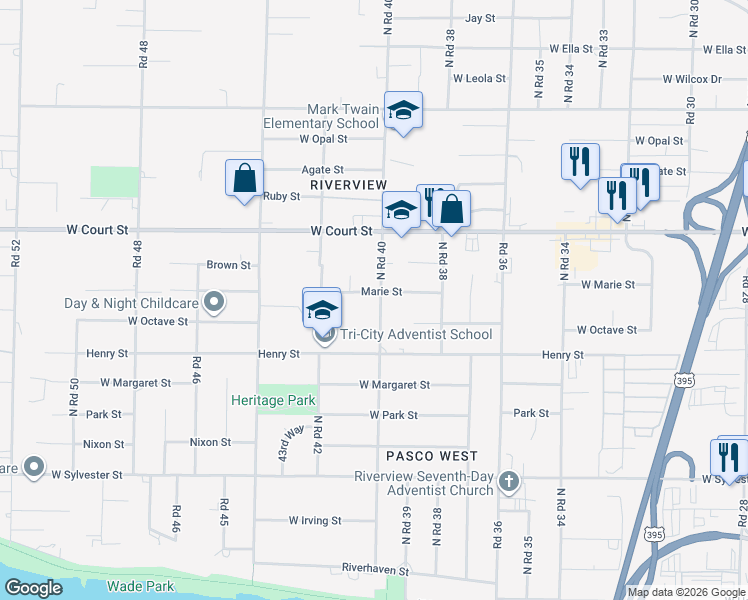 map of restaurants, bars, coffee shops, grocery stores, and more near 1209 North Road 40 in Pasco