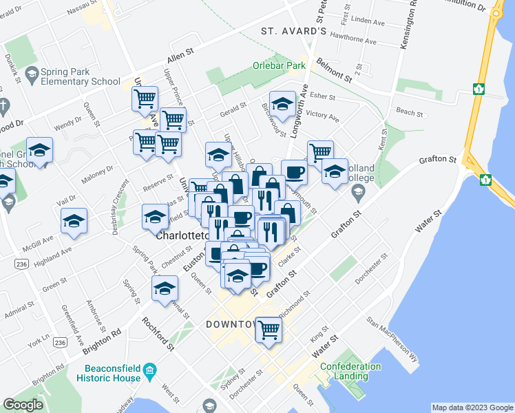 map of restaurants, bars, coffee shops, grocery stores, and more near 202 Euston Street in Charlottetown