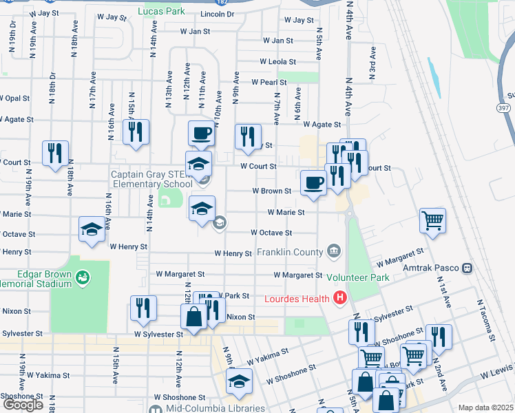 map of restaurants, bars, coffee shops, grocery stores, and more near in Pasco