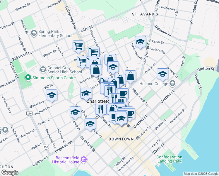 map of restaurants, bars, coffee shops, grocery stores, and more near 20 Alley Street in Charlottetown