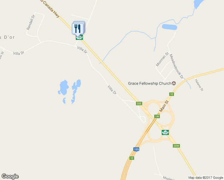 map of restaurants, bars, coffee shops, grocery stores, and more near Villa Drive in Little Bras D'or