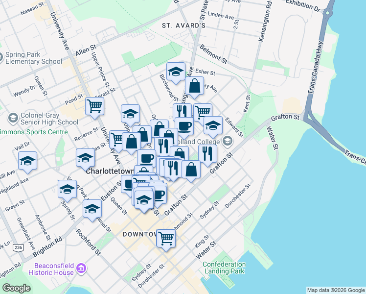 map of restaurants, bars, coffee shops, grocery stores, and more near in Charlottetown