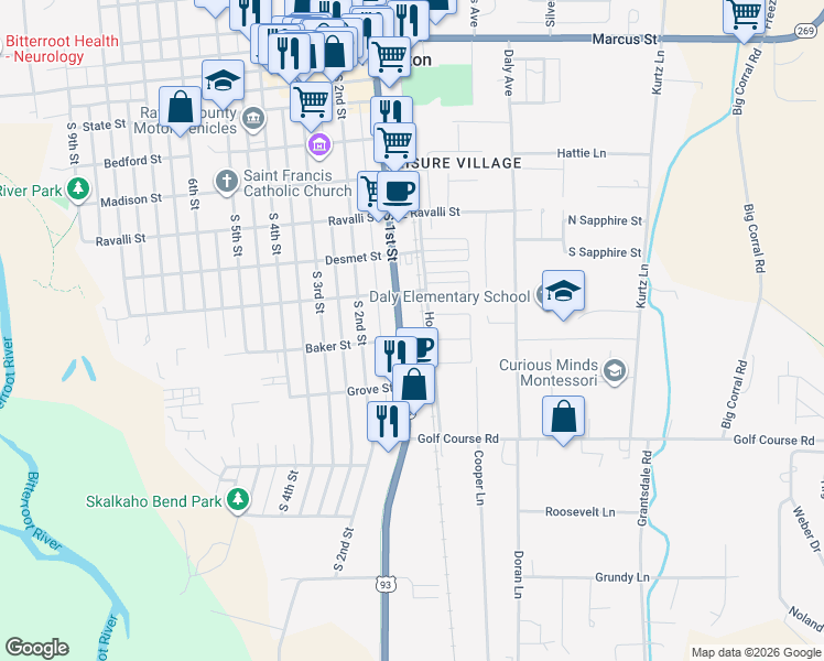 map of restaurants, bars, coffee shops, grocery stores, and more near 700 South 1st Street in Hamilton