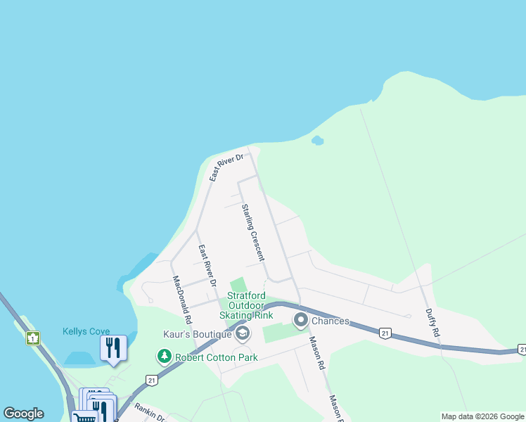 map of restaurants, bars, coffee shops, grocery stores, and more near 68 Mason Road in Stratford