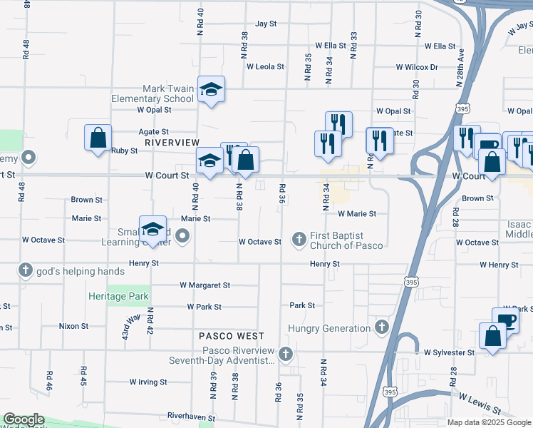 map of restaurants, bars, coffee shops, grocery stores, and more near 1307 North Road 37 in Pasco