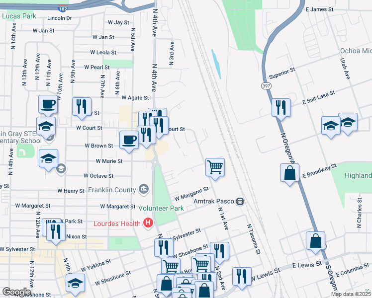 map of restaurants, bars, coffee shops, grocery stores, and more near 958 North 1st Avenue in Pasco