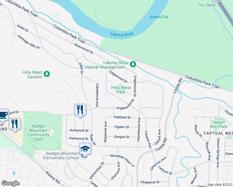 map of restaurants, bars, coffee shops, grocery stores, and more near 163 Laurelwood Court in Richland
