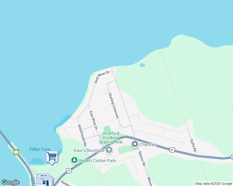 map of restaurants, bars, coffee shops, grocery stores, and more near 68 Mason Road in Stratford