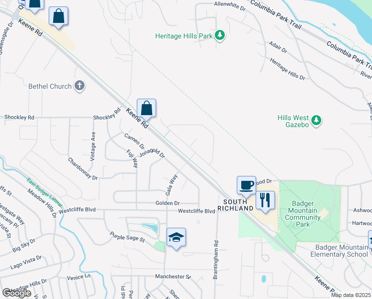 map of restaurants, bars, coffee shops, grocery stores, and more near 1291 Jubilee Street in Richland
