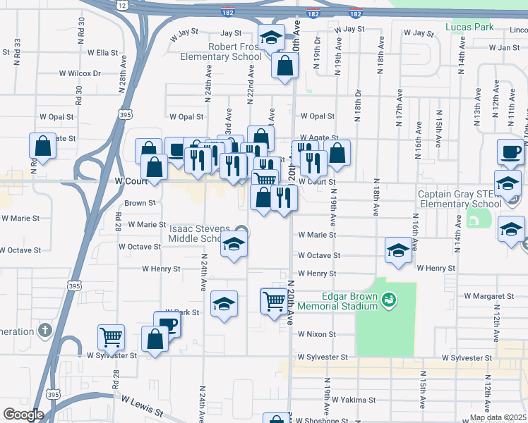 map of restaurants, bars, coffee shops, grocery stores, and more near 1331 North 22nd Avenue in Pasco