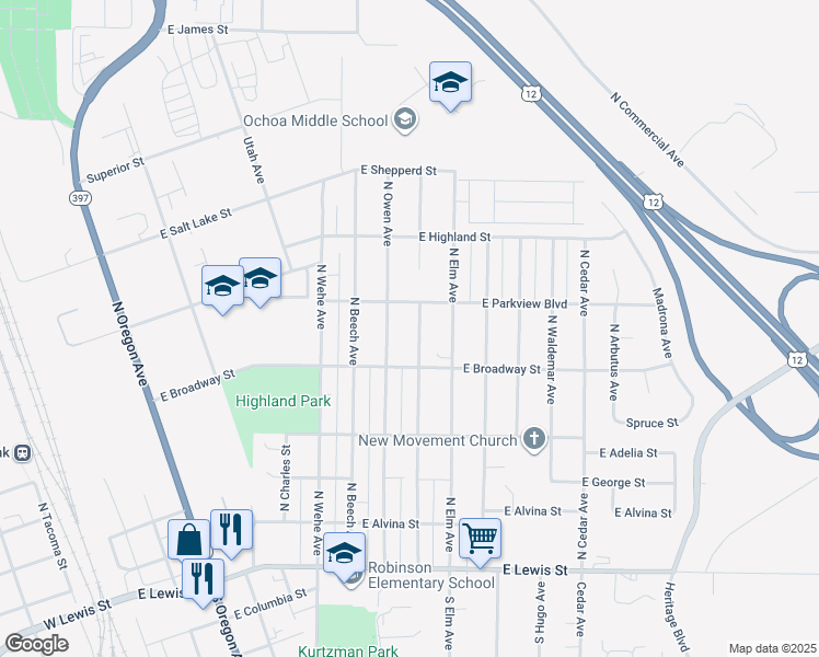 map of restaurants, bars, coffee shops, grocery stores, and more near 627 North Owen Avenue in Pasco