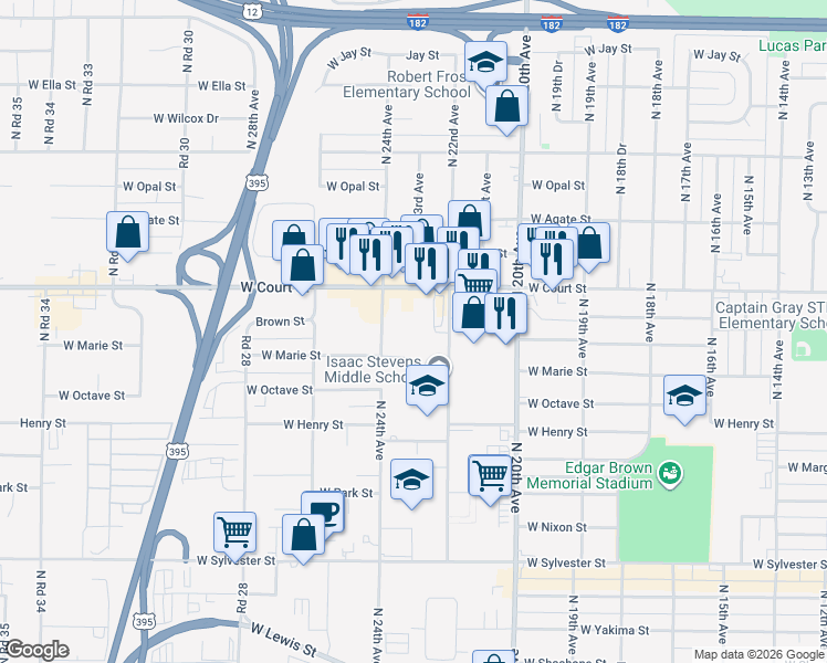 map of restaurants, bars, coffee shops, grocery stores, and more near 1327 North 24th Avenue in Pasco
