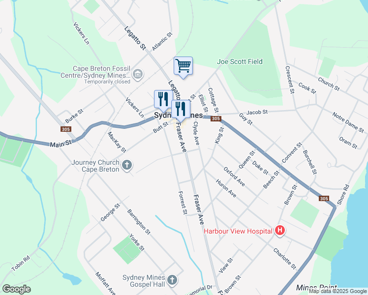 map of restaurants, bars, coffee shops, grocery stores, and more near 30 Fraser Avenue in Sydney Mines