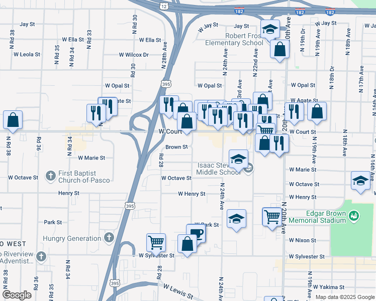map of restaurants, bars, coffee shops, grocery stores, and more near 2600 Brown Street in Pasco